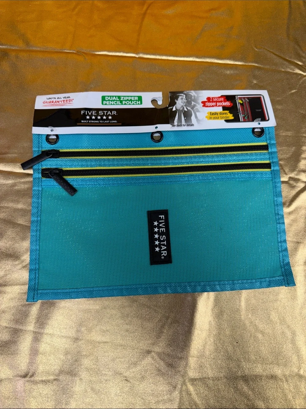 Five Star Teal Dual-Zipper Pencil Pouch with Yellow Accents